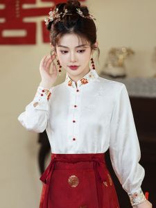 เสื้อเชิ้ตคอตั้งแขนยาวสไตล์จีนสำหรับแต่งงาน กระโปรงม้า แขนยาว กระดุมแถวเดียว ฤดูใบไม้ร่วง เสื้อเชิ้ตคอตั้งสไตล์จีนใหม่