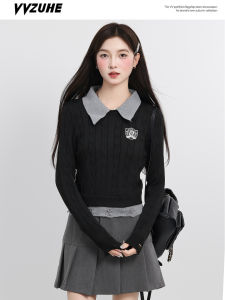 เสื้อสเวตเตอร์ถักแขนยาวสไตล์เกาหลี คอโปโล ลายปะติดปะต่อกัน ลายผูกโบว์ สไตล์วิทยาลัย แฟชั่นผู้หญิง เสื้อผ้าทำงาน