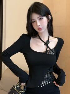 GUZILIAN | Áo thun nữ cổ đứng ren ôm vừa vặn dài tay mùa xuân phong cách Hàn Quốc Áo thun cotton thường ngày cho nữ