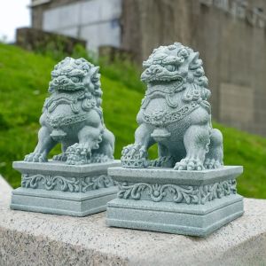 A Pair of Lucky and Wealthy Stone Carvings of Lions Chinese Feng Shui Qilin Ornaments Home Bar Ornaments Desktop Mascots