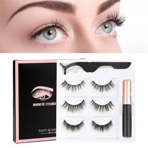 3Pairs Magnetic Eyelashes False Lashes Repeated Use Eyelashes Waterproof Liquid Eyeliner With Tweezer Make Up