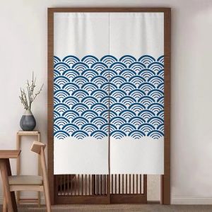 VIKAMA Màu Xanh Chàm Nhật Bản Họa Tiết Quạt Rèm Cửa Mềm Mại Bền Cotton Bảng Vách Ngăn Nhà Bếp Ấm Cúng Trang Trí Nhà Thanh Túi