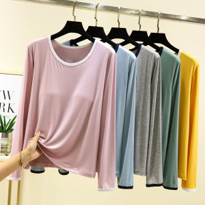 Modal Undershirt with Chest Pad Long Sleeves Womens Autumn Wear-Free Bra T-Shirt Pure Color Plus Size Loose Slim Looking Tops