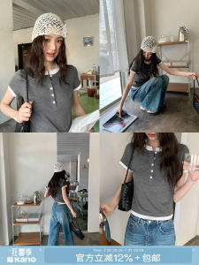 Fake Layered Contrast Color Henley Collar Cotton T-Shirt
