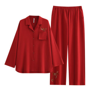 yuenei | ชุดนอนแขนยาวผ้าฝ้ายสำหรับผู้ชาย ฤดูใบไม้ผลิ-ใบไม้ร่วง สีแดง ปีม้า