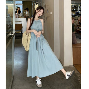 ชุดเดรสยาวลำลองชายหาดฤดูร้อนสำหรับผู้หญิง แขนกุด คอวี กระโปรงทรงเอ ทรงเข้ารูป ความยาวปานกลาง โพลีเอสเตอร์ ชุดทำงานแบบลำลอง