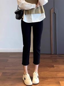 กางเกงยีนส์ทรงตรงเอวสูงสีดำ ทรงสลิมฟิต สำหรับผู้หญิง ฤดูใบไม้ผลิและฤดูใบไม้ร่วง กางเกงขายาวทรงลำลองสำหรับผู้หญิง