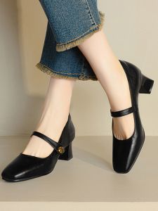 Lamb Leather Mary Jane Shoes Womens round Toe Retro Thick Heel Spring Summer High Heels Single Shoes French Style Buckle