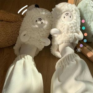 Warm Lamb Fur Slippers Mens Winter Indoor Home Couple Matching Cute Little Sheep Cotton Slippers Flat Heel PU Upper