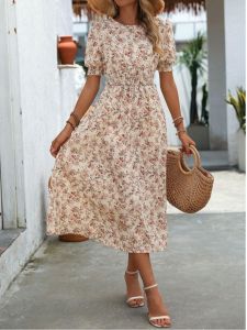 Sweet Summer New Fashion round Neck Small Floral Elastic Waist Bubble Short Sleeve Midi Length Dress Womens Premium Dress