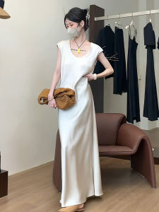 Váy Dài Cạp Cao Bằng Vải Satin Acetate Kiểu Pháp Cho Nữ Mùa Hè Cao Cấp Váy Chữ a Cổ Chữ U Ôm Sát Cơ Thể Váy Đuôi Cá