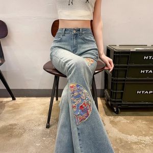 New Chinese style embroidered micro flared jeans for women High waisted elastic extended horseshoe bell bottom pants for Chinese New Year