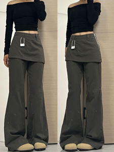 Loose High Waist Wide Leg Jeans Womens Fake Two-Piece Design Slimming Hip Covering Grey Green Denim Casual Workwear