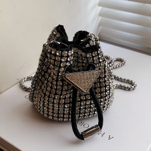 Mini Bucket Bag Full Drill Drawstring Chain Shoulder Crossbody Bag Sparkling Diamond Heavy Design Compact Fashion Accessory