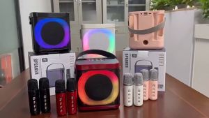 Mini Karaoke Wireless Bluetooth Dual Microphone Karaoke Bluetooth Speakers Home mini ktv set  Portable Speaker Amplifier Home ktv Outdoor Speaker Microphone Loud Sound Speaker with Two Wireless Microphones 3D Stereo Surround