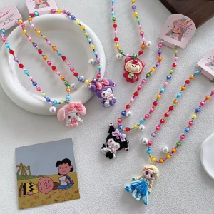 Children Accessories Girls Cartoon Princess Beaded Necklace Little Girl Big Doll Sweet All-Match Jewelry Neck Chain