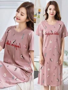 Nhẹ Nguyên Chất Cotton Vải Bông Tay Ngắn Đồ Ngủ Nữ Quần Áo Gia Đình Dễ Thương Hoạt Hình In Hình Bà Bầu Chiều Dài Trung Bình Váy Mặc Ngoài Trời Mùa Hè