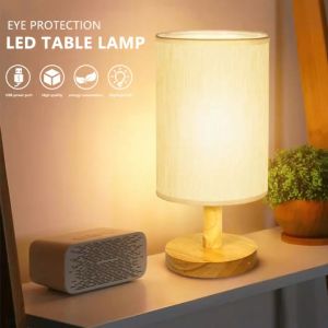 Desk Lamp Fabric Art Wood Study Table Lamp LED Night Light Lampshade for Bedroom Bedside Office Gift