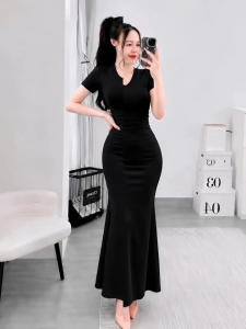 Set áo cổ tim tay ngắn kèm chân váy dài đuôi cá KVYBODY S44 chất thun cotton borip lụa dày mịn co giãn