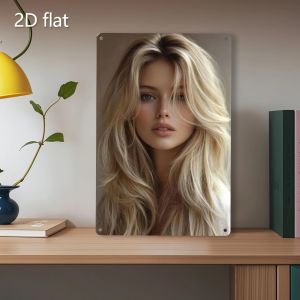 Golden Hair Lady Metal Wall Art 2D Elegant Blue Eye Side Face Iron Decor 20x30 inch