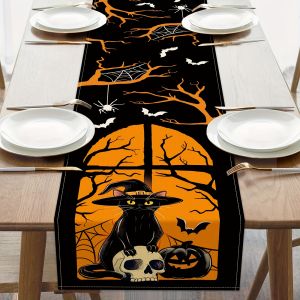 1Pc Halloween Themed Table Flag Gothic Skull Pumpkin Lantern Bat Design Suitable for Parties Restaurants Homes Markets Holiday Decoration Scenes.