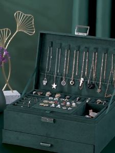 【 2-3Day Delivery 】Three-layer Jewelry Box With Lock Large Earring Ring Necklace Organizer Velvet Jewelry Case Organizer With Drawer