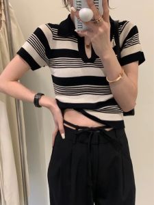 Slim Fit French Polo Neck Stripe Short Sleeve T Shirt Womens Design Sensation Short Top Hot Girl Style Henry Shirt Collar