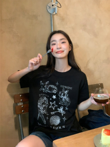 NIHAOKANONG | Áo Thun Tay Ngắn In Hình Hoạt Hình Retro Bằng Cotton