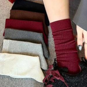 Retro Cotton Knitting Socks for Girls Women Autumn Winter Hosiery Knitting Solid Color Japanese Middle Tube Stockings