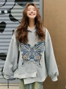 Elegant Embroidered Butterfly Hoodie plus Size Womens Loose Fit Autumn Top Korean Style Long Sleeve Cotton Inner Lining