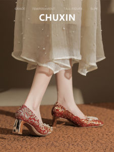 รองเท้าแต่งงานส้นสูงหัวเหลี่ยม Pinzhi สำหรับผู้หญิง รองเท้าแต่งงานส้นสูง 5 ซม. ไม่เจ็บเท้า รองเท้าแต่งงานแบบสวม สไตล์สง่างาม