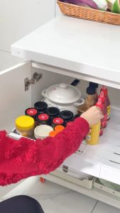 Pull Out Retractable Kitchen Drawer Basket 304 Stainless Steel Kitchen Organizers No Drilling Expandable Sliding Drawer Under Sink Storage Rack with Adhesive Nano Film