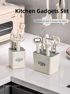 MENGYUXI | Kitchen Utensil Set with Knife Scissors Peeler Opener Storage Rack