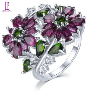 Lohaspie Jewelry Real 3.2 Carats 925 Silver Ring Women Original Natural Rhodolite Garnet Chrome Diopside Ring Garnet Stone Ring Ladies Rhodolite Garnet Wedding For Women Jewelry