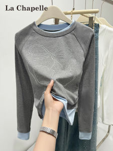 La Chapelle | Glitter Rhinestones Long Sleeve Illusion Layered T-Shirt Slim Elegant