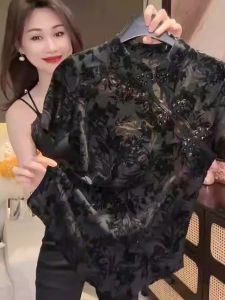 Retro Chinese Style Short Sleeve T-Shirt Womens Summer Slim Fit Lace Flocking Mesh Stand Collar Top Commute Style Pure Color