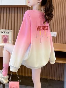 plus Size Womens Gradient Color Sweatshirt Spring Autumn Loose Fashionable Unique Top Korean Style round Neck Long Sleeve