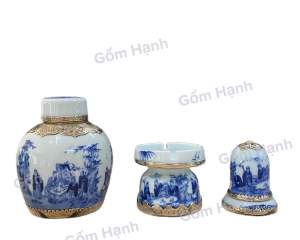 Bộ ấm chén pha trà men xanh lam bọc đồng trúc lâm thất hiền - Gốm Hạnh Bát tràng