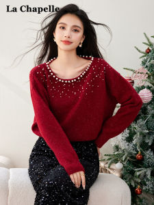 เสื้อสเวตเตอร์ถักคอปกกลมแขนยาวผู้หญิง La Chapelle สีแดง ฤดูใบไม้ผลิและฤดูใบไม้ร่วง เสื้อชั้นในแบบสวมหัว แฟชั่น
