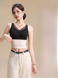 Miiow | Warm Thermal Woolen Vest Womens Inner Wear No Bra Needed Velvet Belly Covering Lace Trim Base Layer Top V-neck Solid Color