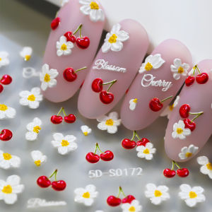 1/2Pcs 5D Cherry Blossom Daisy Nail Stickers Red Fruit Frangipani Self-Adhesive Nails Decals Spring Summer Fresh Manicure Decor