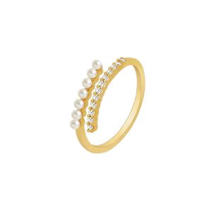 Light Luxury Micro Rhinestone Rings Woman Gold-color Elegant Simulated Pearl Open Ring Party Wedding Stackable Ring Jewelry K0
