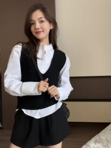 White Long Sleeve Knitted Shirt Womens Autumn Winter New Style V-neck Sleeveless Vest Set Elegant Layering Black Top
