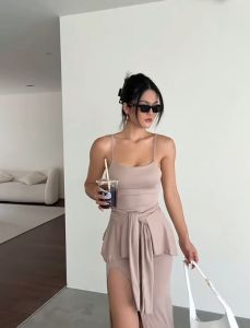 ชุดเดรสใหญ่ Ann.Fashion เป็นเซ็ท เดรสสายเดี่ยวยาว เสื้อคลุมแขนยาว ผ้ายืด รัดรูป #9155