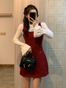 Red Christmas Engagement Dress Set Korean Style Commute Pure Color Winter Ball Gown A-Line Skirt Long Sleeve Slim Fit
