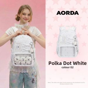 AORDA | Student Backpack Large Capacity White Polka Dot Design
