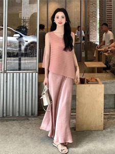 French Style Temperament Pink Sleeveless Vest Stylish Pleated Tops Womens Summer Satin Acetate Skirt Two-piece Set
