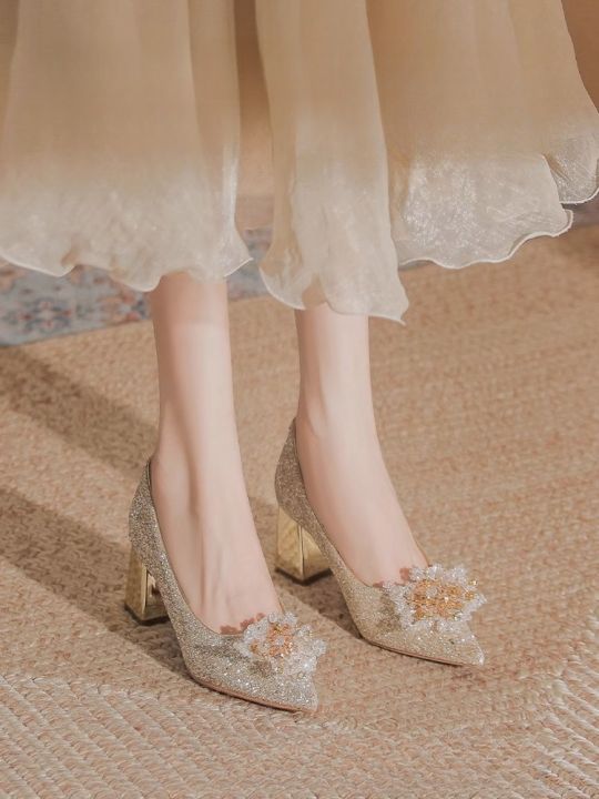 Crystal Chunky Heel Wedding Shoes French Shiny Sequins High Heels Champagne  Color Bride Shoes Huaxiu Wedding Dress Two-Way Wear | Lazada