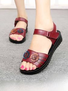 SHIPAILUO | Comfortable Mom Shoes Summer Floral Flat Bottom Soft Sole Real Leather Sandals For Middle-Aged And Elderly Women Anti-Slip