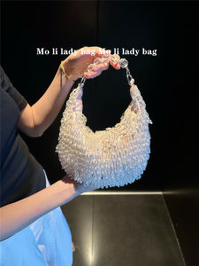 Retro Handmade Beaded Crystal Short Tassel Handbag Crescent Shape Satin Surface Crossbody Shoulder Bag for Young Women